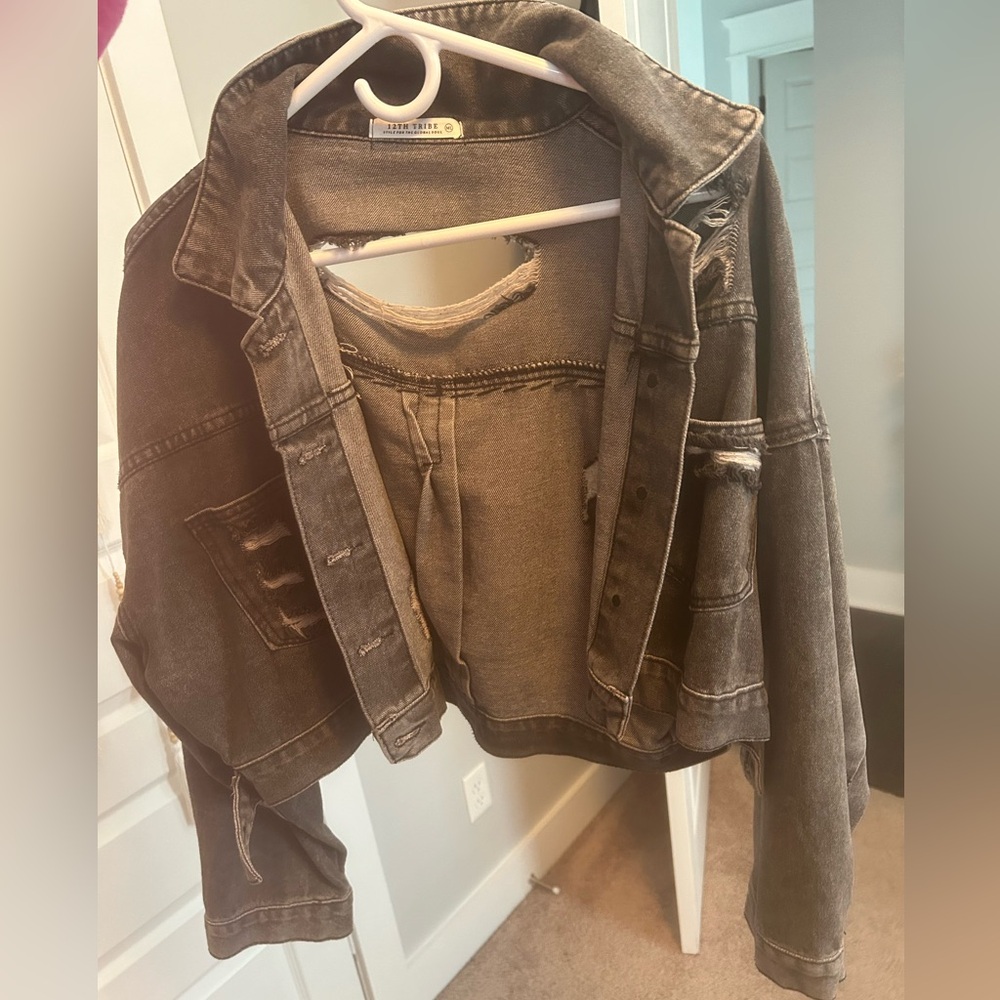 12th Tribe denim fringe jacket. Color black/grey. Size ML